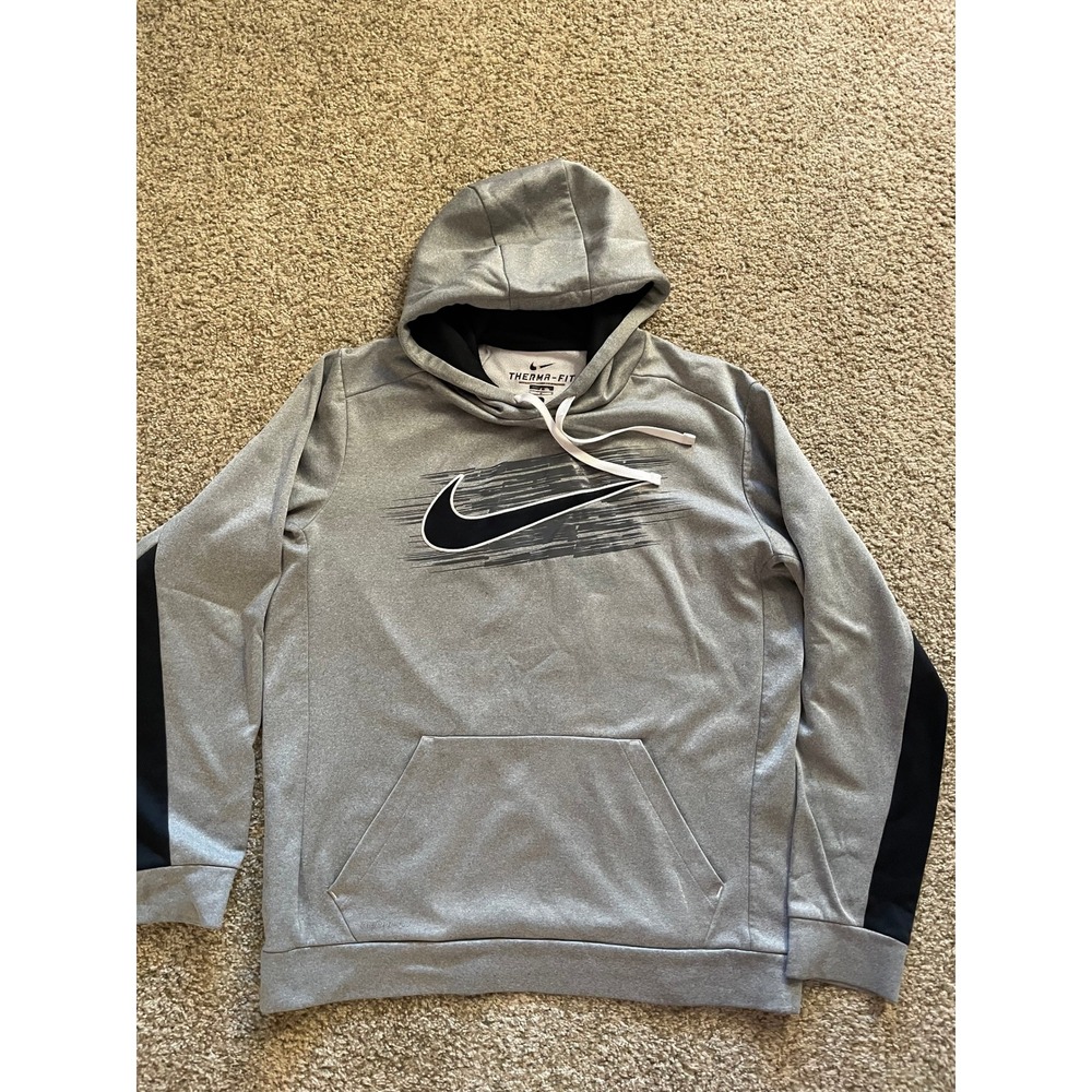 Nike Mens Therma-FIT Pullover Hoodie Gray Black Swoosh Graphic Large